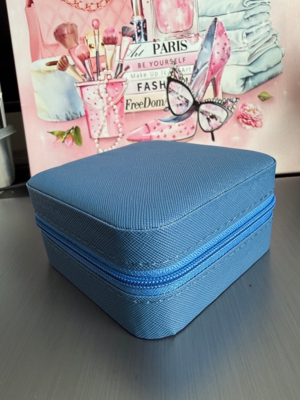 Portable Blue Travel Jewelry Case with Mirror and Ring Compartments